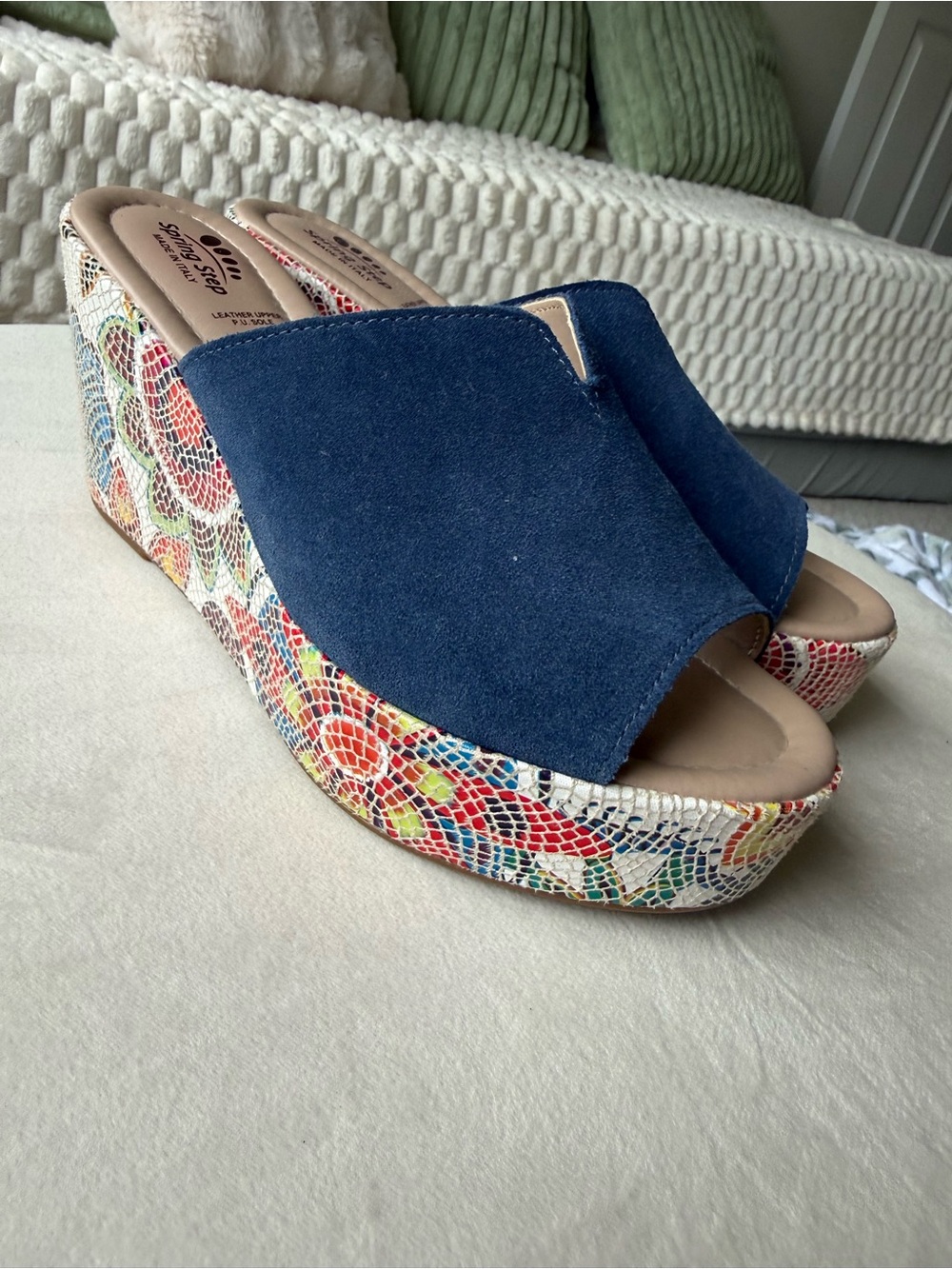 Spring Step Navy Suede Mosaic-Print Wedge Sandals